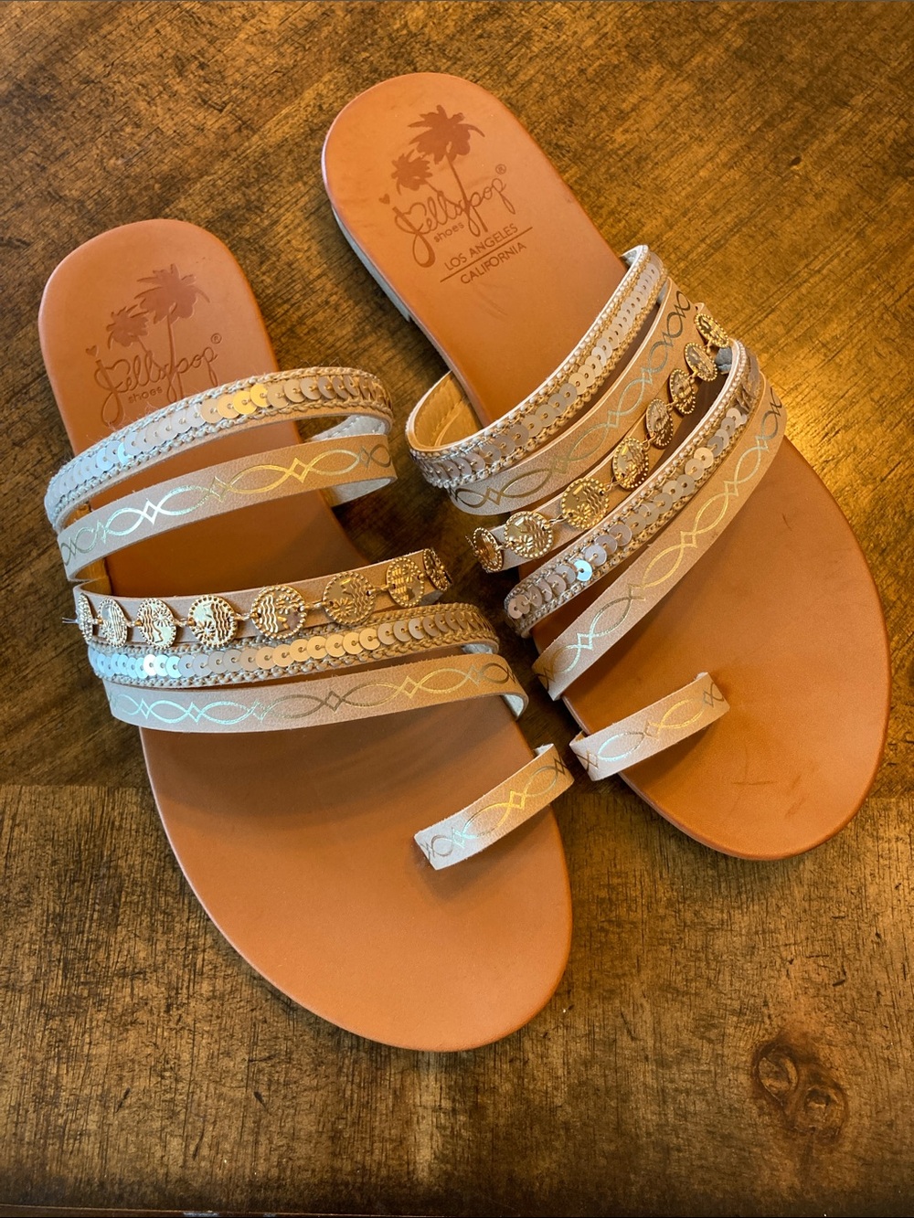 Jellypop Beige and Gold Strappy Slide Sandals size 7.5M